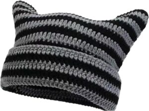 Gorro de gato Y2K negro y gris con orejas