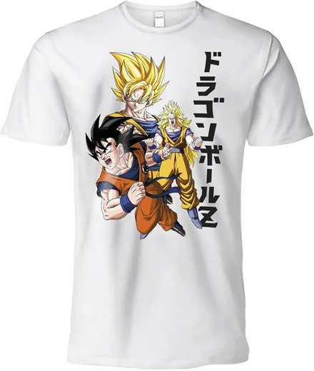 Camiseta blanca Dragon Ball con varias versiones de Goku