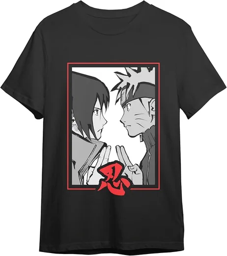 Camiseta negra Naruto y Sasuke frente a frente